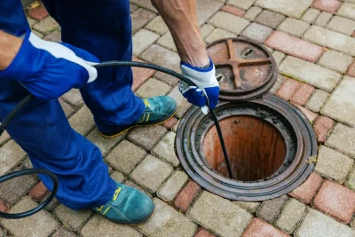 Plumber cleaning an outdoor sewer drain in Denver
